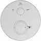 Runde Chrom-Oberfläche mit Steuerungselementen für einen Thermostat, produziert von Ideal Standard. Die Symbole zeigen Funktionen für Dusche und Wasserhahn.